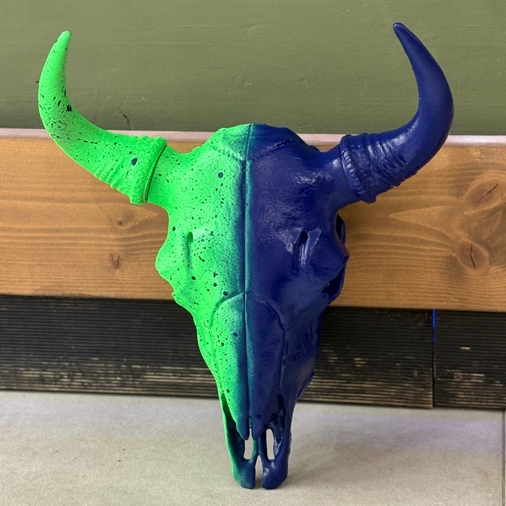 DECORATED COW SKULL BLUE/GREEN